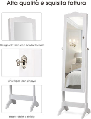 Armadietto Portagioie Specchiera per Gioielli con Chiave e Luci LED, Specchio Figura Intera da Terra, 160x41,5x37cm (Bianco)