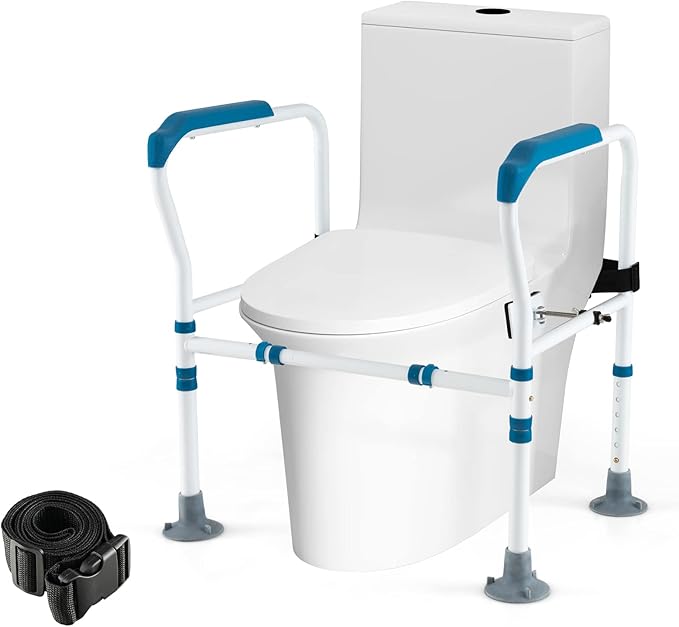 Supporto di Sicurezza Telaio Autonomo per WC, Supporto per WC Regolabile in Altezza e Larghezza con Cinghia di Fissaggio, Con Ventose Antiscivolo (Blu)
