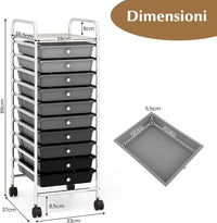 Carrello con 10 Cassetti da Stoccaggio, Cassettiera di Metallo e Plastica, Contenitore Multiuso con Ruote a Freno, per Casa e Ufficio (Nero sfumato)