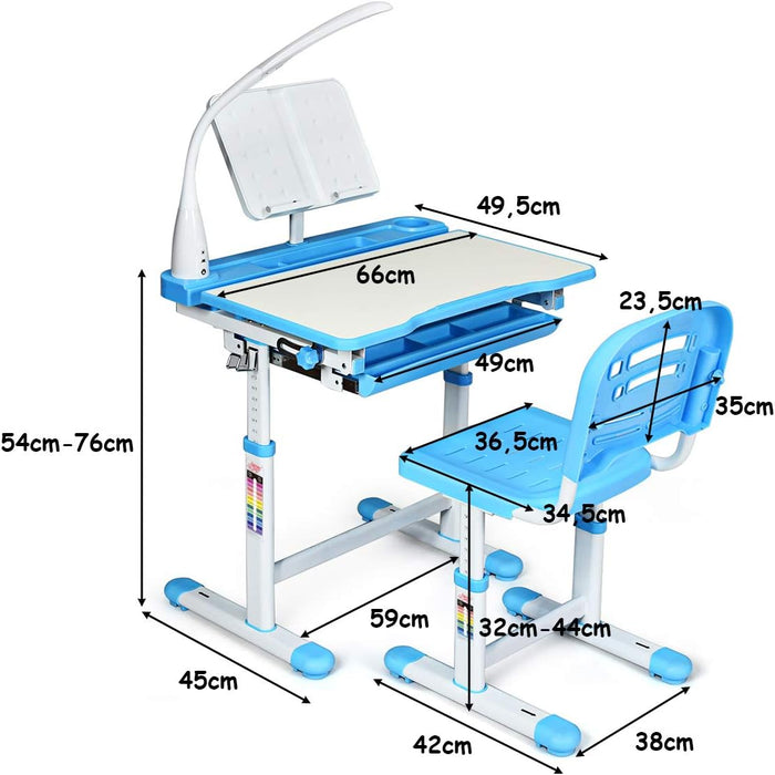 Set Sedia e Scrivania per Bambini Altezza e Angolo Regolabile e Multifunzionale, Con Cornice per la Lettura e Lampada di Protezione per gli Occhi Colore Disponibili: Blu/grigio/rosa (BLU)