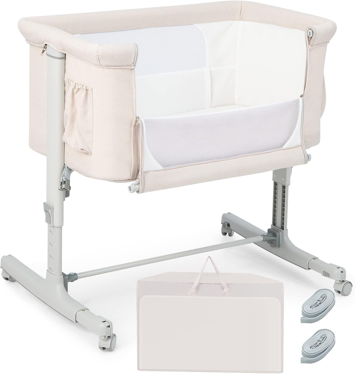 Culla Neonato Fianco Letto 3 in 1, Lettino Dondolo Neonati con Materasso, Culla da Campeggio con Ruote e Borsa, Regolabile In Altezza, Inclinazione di 10°, per Bambini 0-6 Mesi (Beige)