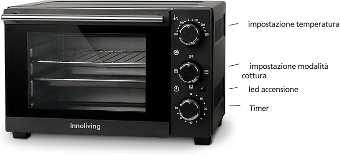 Innoliving Forno Elettrico 15 Litri INN-797, Potenza 1200W, Timer 60 Minuti, Temperatura Regolabile fino a 230°C, Cottura Ventilata, Compatto e Versatile, Perfetto per Casa e Ufficio