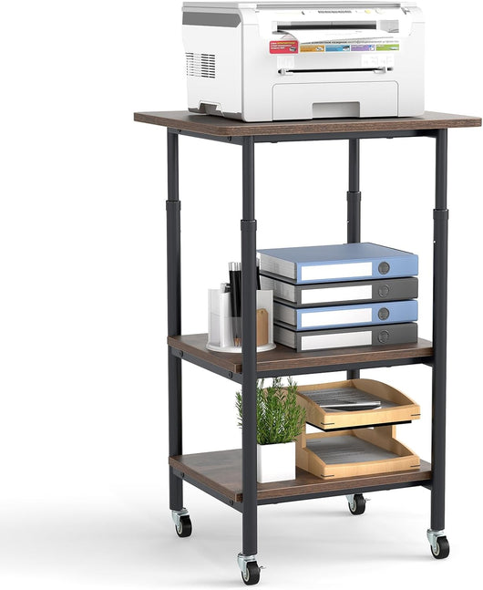 Supporto per Stampante, Carrello Stampante a 3 Livelli con Ripiani di Stoccaggio e Ruote con Blocco, Altezza Regolabile, per Stampante 3D Scanner Fax, 49 x 40 x 65/77 cm (Marrone)
