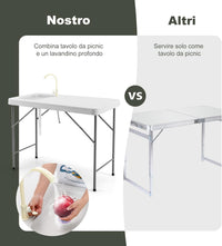 Tavolo da Campeggio Portatile, Tavolo Pieghevole con Lavandino, Rubinetto, Tubo di Scarico, Tavolo da Esterno, Ideale per Picnic e Campeggio, 115 x 59 x 93,5 cm, Portata 150 kg