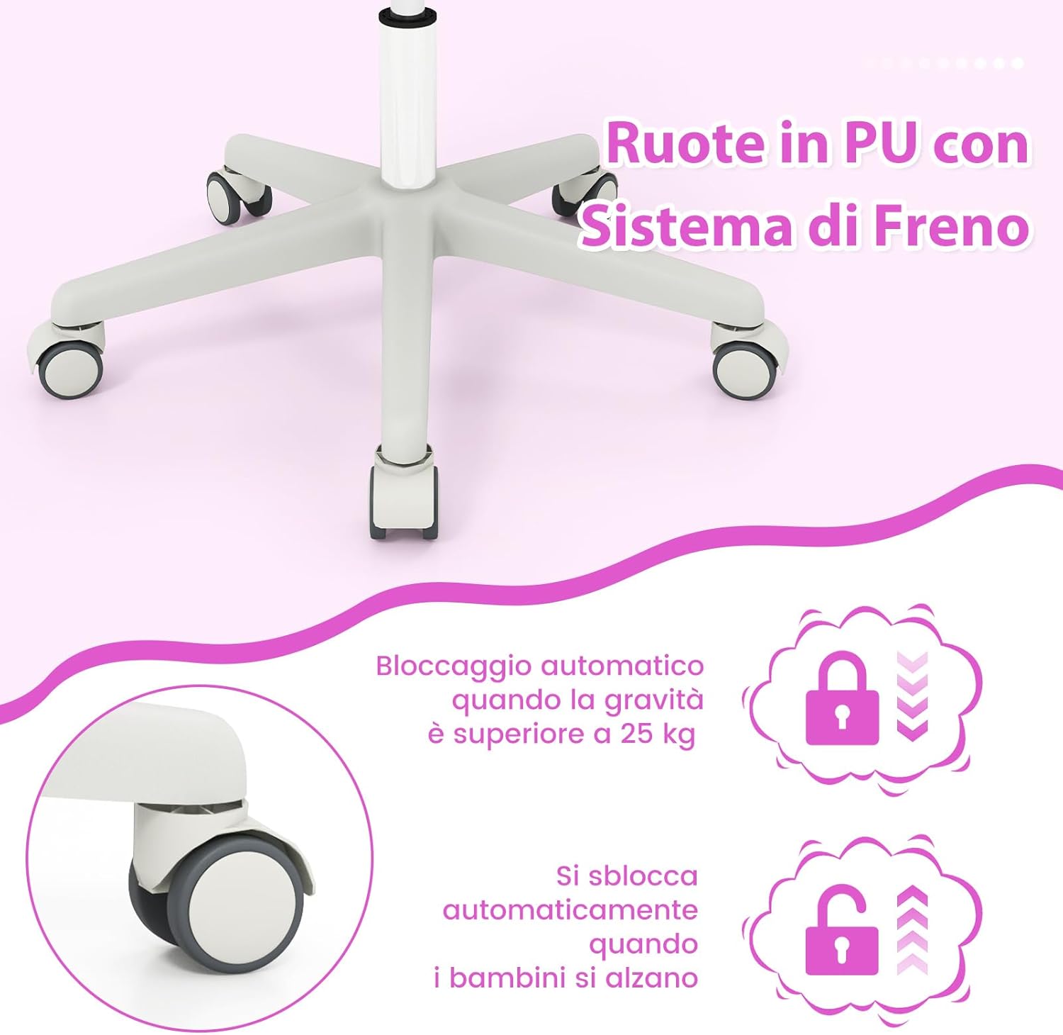 Sedia da Scrivania per Bambini, Sedia Girevole per Computer con Altezza Regolabile, Ruote con Freno, Braccioli Morbidi, Mobile Ergonomica per Bambini 6-15 Anni (Viola)