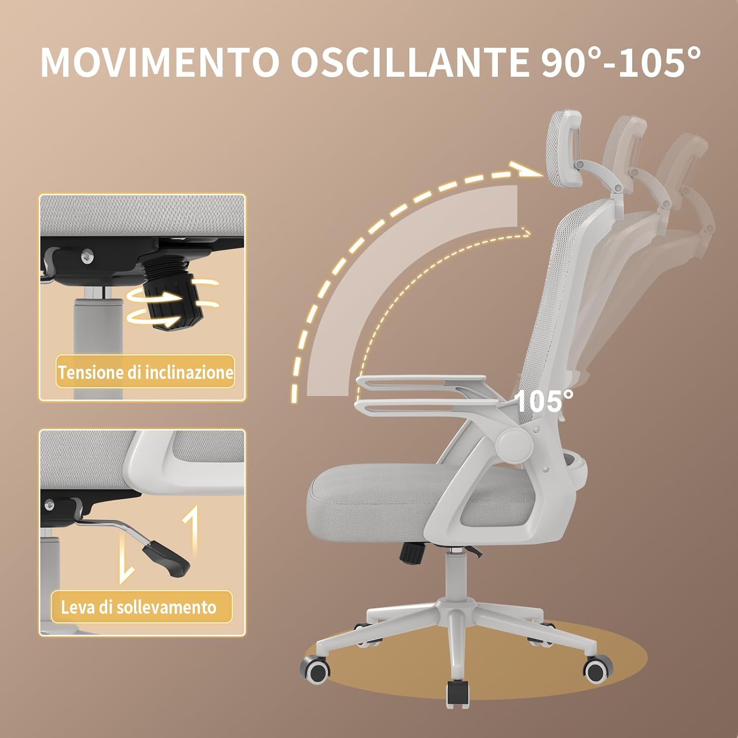Sedia ufficio con rotelle - RATTANTREE - braccioli regolabili - Funzione Oscillante - Grigio