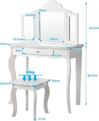 2-in-1 Toeletta Trucco Bambina, Tavolo da Trucco per Bambini con 3 Specchio e Sgabello, Postazione Trucco con 1 Cassetto, 3-7 Anni (Bianco)