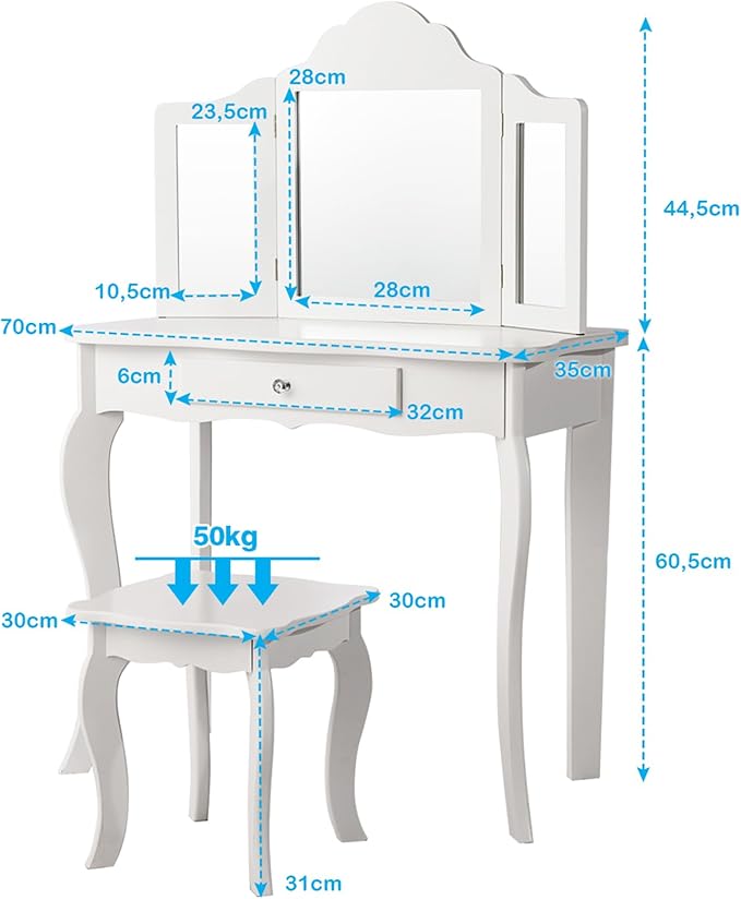 2-in-1 Toeletta Trucco Bambina, Tavolo da Trucco per Bambini con 3 Specchio e Sgabello, Postazione Trucco con 1 Cassetto, 3-7 Anni (Bianco)