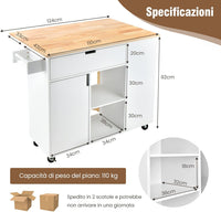 Carrello da Cucina con Cassetto, Carrello Servizio con Ripiano Aperto e Pieghevole, Carrello Multiuso con Ruote e Portasciugamani, 124x76x92 cm (Bianco)