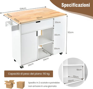 Carrello da Cucina con Cassetto, Carrello Servizio con Ripiano Aperto e Pieghevole, Carrello Multiuso con Ruote e Portasciugamani, 124x76x92 cm (Bianco)