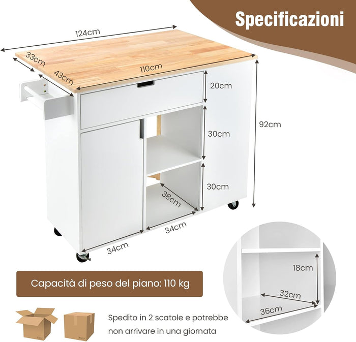 Carrello da Cucina con Cassetto, Carrello Servizio con Ripiano Aperto e Pieghevole, Carrello Multiuso con Ruote e Portasciugamani, 124x76x92 cm (Bianco)