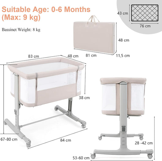 3 in 1, culla regolabile in altezza a 5 livelli, con materasso, lettino da viaggio mobile su ruote con navicella, per bambini dalla nascita fino a 9 kg (beige)