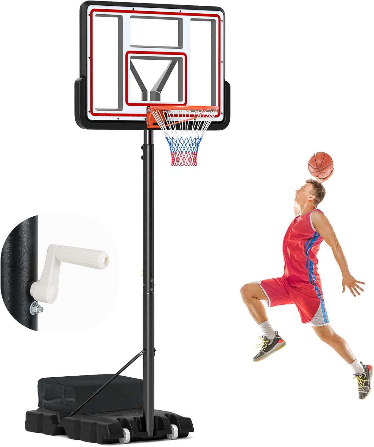 Canestro da Basket Regolabile 225-305 cm in Altezza per Bambini ed Adulti, Canestro con Piantana a Ruote e Manovella, Canestro con Base Riempibile per Interno ed Esterno, Nero