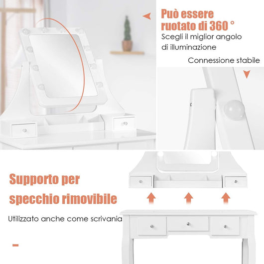 Toeletta Trucco con Specchio Girevole a 360° e 10 Luci LED, Postazione Trucco con Sgabello Imbottito, 5 Cassetti e Organizzatori, Tavolo da Trucco Moderno, 136x80x40cm (Bianco)