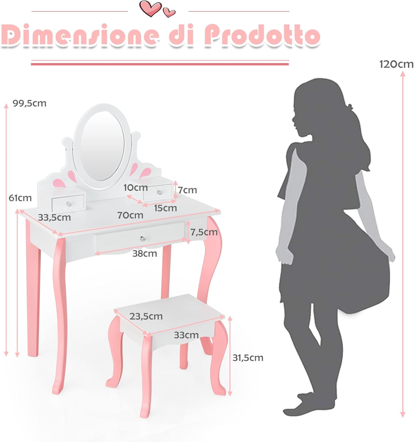 Toeletta Trucco 2 in 1 per Bambina, Specchiera Staccabile per Ragazza in Legno con Sgabello, Portapenni, Cassetto e Specchio Girevole a 360°, Postazione Trucco, 70 x 34 x 105cm (Bianco)
