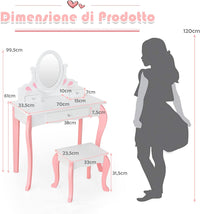 Toeletta Trucco 2 in 1 per Bambina, Specchiera Staccabile per Ragazza in Legno con Sgabello, Portapenni, Cassetto e Specchio Girevole a 360°, Postazione Trucco, 70 x 34 x 105cm (Bianco)