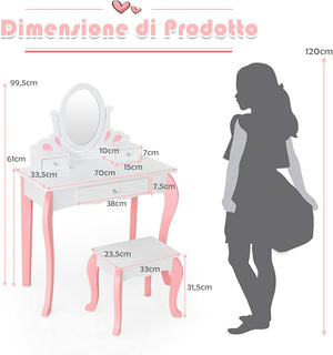Toeletta Trucco 2 in 1 per Bambina, Specchiera Staccabile per Ragazza in Legno con Sgabello, Portapenni, Cassetto e Specchio Girevole a 360°, Postazione Trucco, 70 x 34 x 105cm (Bianco)