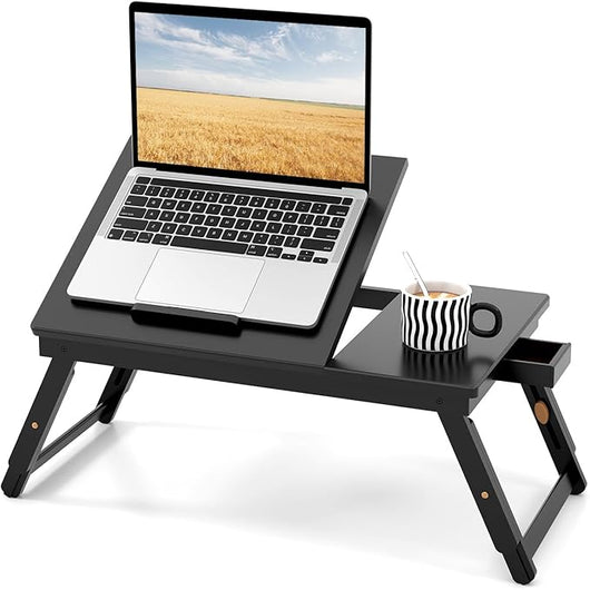 Vassoio per Laptop con Gambe Regolabili e Piano di Dissipazione Termica Inclinabile, Tavolino da Letto Pieghevole con Cassetto Portaoggetti per Leggere, Scrivere e Mangiare (Marrone)