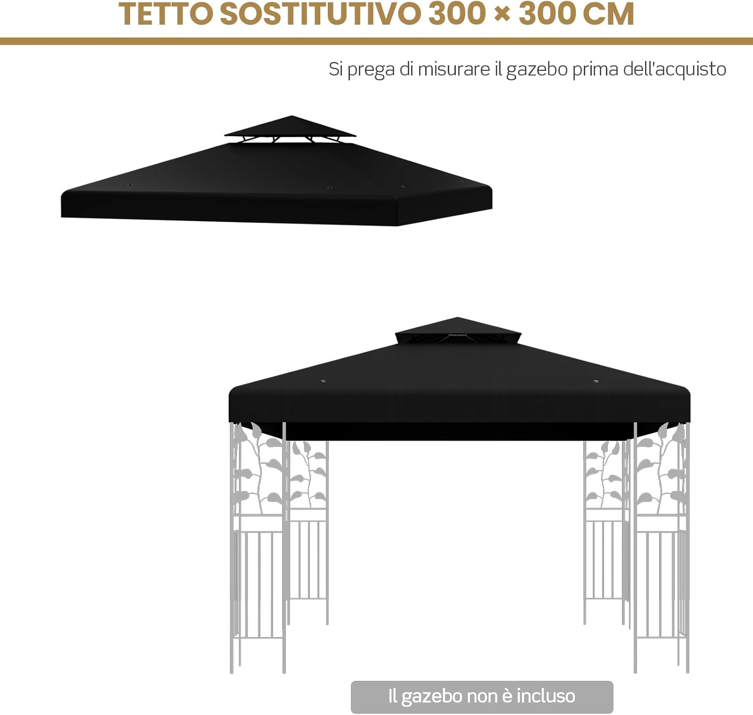Tetto di Ricambio per Gazebo da Giardino Copertura di Ricambio Gazebo 3 x 3 m (Nero)