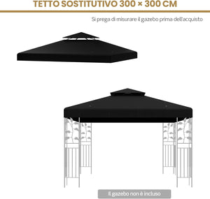 Tetto di Ricambio per Gazebo da Giardino Copertura di Ricambio Gazebo 3 x 3 m (Nero)