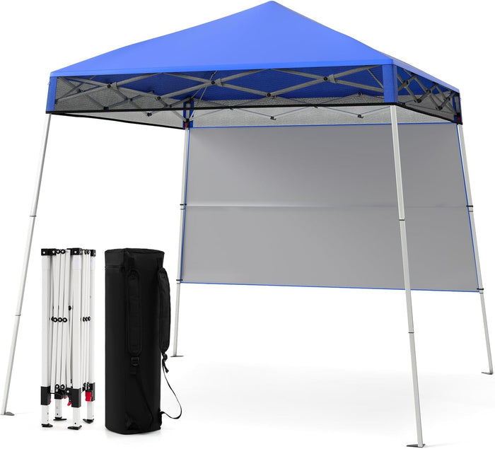 Gazebo Pop-up da Esterno 182 x 182 cm, Gazebo Pieghevole con 1 Parete Laterale, Gambe Inclinabili Regolabili e 4 Picchetti, Tendone Impermeabile per Feste, Campeggio e Picnic (Blu)