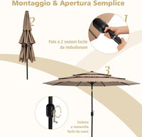 Ombrellone da Giardino 293 cm a 3 Livelli, Ombrellone da Esterno con Doppia Ventilazione, Inclinazione Regolabile, con Manovella 8 Stecche, Ombrellone da Spiaggia Giardino Piscina (Caffè)