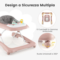 3 in 1 Girello per Bambini, Girello Pieghevole per Bambini, con 3 Altezze Regolabili, Sedile Imbottito e Piatto Giocattolo Rimovibile, Girello a Spinta con Ruote, per Bambini 6+ Mesi (Rosa)