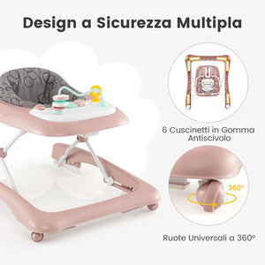 3 in 1 Girello per Bambini, Girello Pieghevole per Bambini, con 3 Altezze Regolabili, Sedile Imbottito e Piatto Giocattolo Rimovibile, Girello a Spinta con Ruote, per Bambini 6+ Mesi (Rosa)