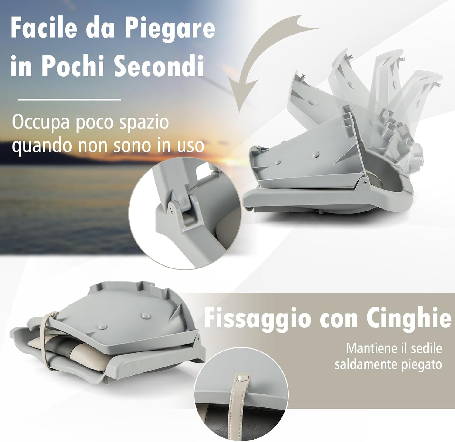 Sedia da Barca Pieghevole, Sedia con Schienale Basso con Cuscini Imbottiti in PVC, Telaio in PP, Bulloni di Fissaggio, Sedia Impermeabile per Barca da Pesca, Barca Turistica, 57 x 51 x 35 cm