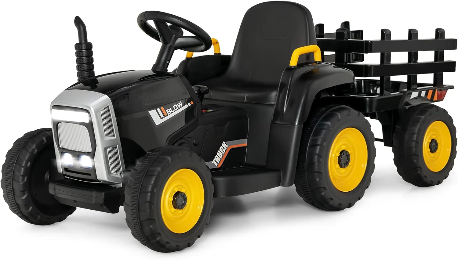 Trattore con Rimorchio Cavalcabile per Bambini 12V, Trattore Elettrico Telecomandato, con Luci e Suoni, 30kg, 3+ Anni (Nero)