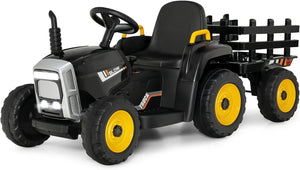 Trattore con Rimorchio Cavalcabile per Bambini 12V, Trattore Elettrico Telecomandato, con Luci e Suoni, 30kg, 3+ Anni (Nero)