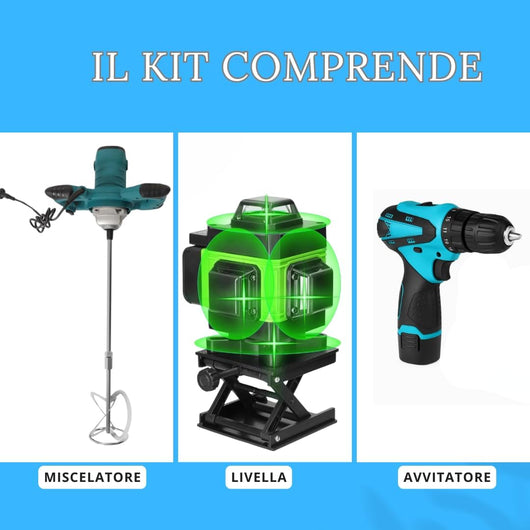 Kit Professionale 3 in 1, Miscelatore Malta e Cemento 1600W 6 Velocità M14 + Livella Laser 4D 16 Linee Autolivellante + Avvitatore con 2 Batterie, Set Completo da Lavoro