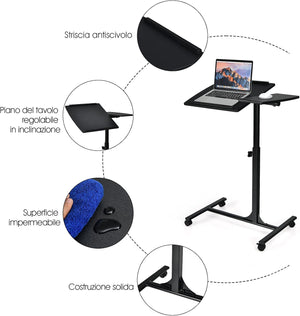 Tavolino Salotto Regolabile in Altezza e Inclinazione, Tavolo da Letto e da Divano con Ruote, Tavolino Porta PC Multiuso per Soggiorno e Camera da Letto, 64 x 45 x 71-93 cm (Nero)