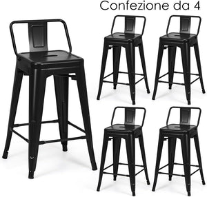 Set di 4 Sgabelli da Bar da 62 cm, Impilabile Sedie da Cucina Alto, in Metallo, con Schienale Rimovibile, Poggiapiedi, Design Industriale (Nero)