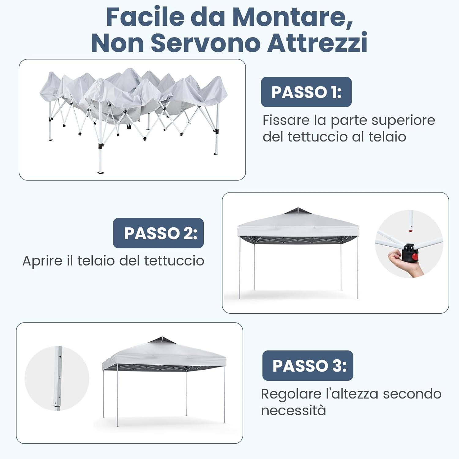 Gazebo Pop-up da 295 x 295 cm, Gazebo da Giardino Impermeabile con Blocco Centrale, Borsa da Trasporto Portatile, Corde Antivento, Picchetti, Tenda Regolabile in Altezza per Feste (Bianco)