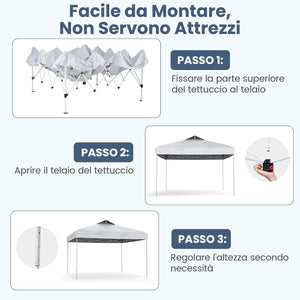 Gazebo Pop-up da 295 x 295 cm, Gazebo da Giardino Impermeabile con Blocco Centrale, Borsa da Trasporto Portatile, Corde Antivento, Picchetti, Tenda Regolabile in Altezza per Feste (Bianco)