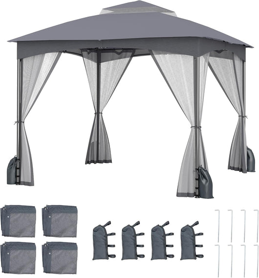 Gazebo da Giardino 3 x 3 m, Gazebo Impermeabile con Rete Mesh Staccabile e Terro Ventilato a Doppio Strato, Tenda Regolabile in Altezza per Feste, BBQ e Picnic (Grigio)