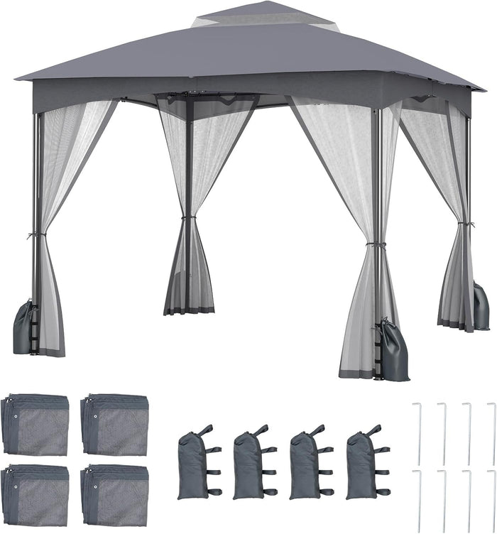 Gazebo da Giardino 3 x 3 m, Gazebo Impermeabile con Rete Mesh Staccabile e Terro Ventilato a Doppio Strato, Tenda Regolabile in Altezza per Feste, BBQ e Picnic (Grigio)
