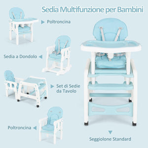 Seggiolone Pappa per Bambini 3 in 1, Seggiolone per Neonati con Vassoio Rimovibile, Cuscino per Seduta, Schienale Regolabile, per 6-36 Mesi, Capacità di Carico 20 kg (Blu)