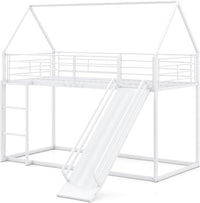 Letto a Castello per Bambini 90x200 cm, Letto Montessori con Scivolo Scala, Struttura in Metallo e Sponda di Sicurezza, Forma di Casa, senza Bisogno di Rete a Molle, Portata 110 kg (Bianco)