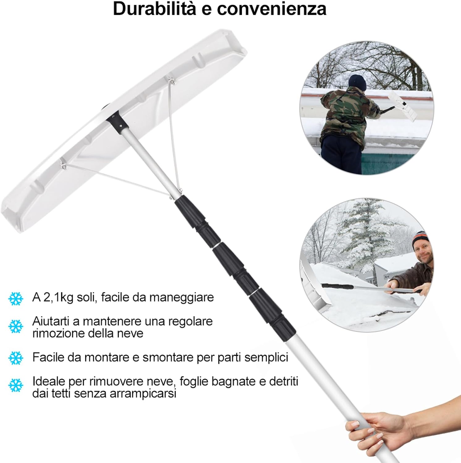 Rastrello da neve per tetti e Auto, telescopico e allungabile da 200 cm a 630 cm, pala da neve in alluminio, per vari occasioni, maniglia antiscivolo, con chiusura, bianco argenteo