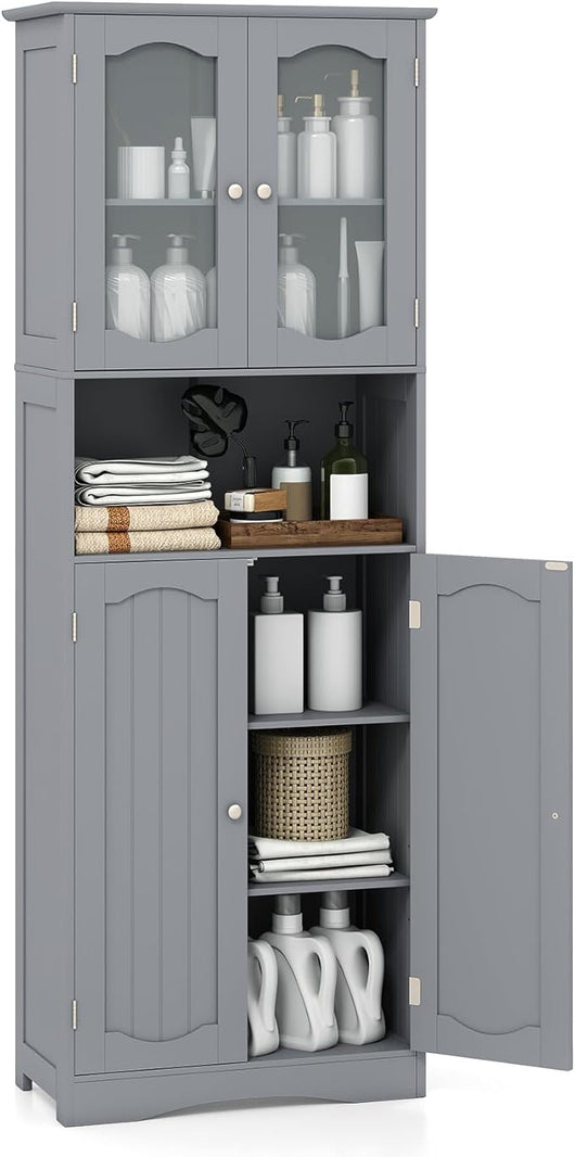 Armadietto Salvaspazio 60 x 30 x 164cm, Mobile Bagno con Scomparti Aperti, Ripiani Regolabili e 2 Porte in Vetro Temprato, Armadio da Bagno per Ufficio, Soggiorno e Camera da Letto (Grigio)