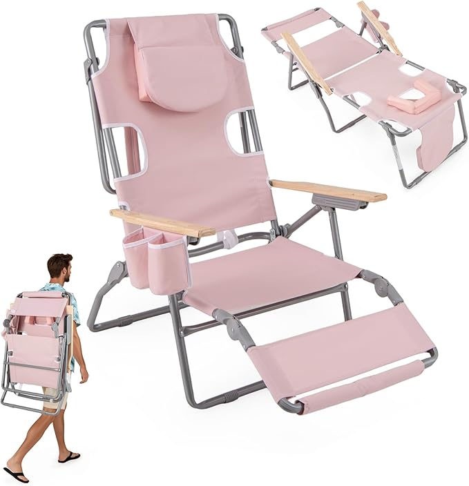 Sedia da Spiaggia Pieghevole 3 in 1, con Foro per il Viso, Poggiapiedi, Schienale Regolabile, Cuscino, Poltrona Prendisole per Spiaggia, Campeggio, Bordo, Piscina, Portata 150 kg (Rosa)