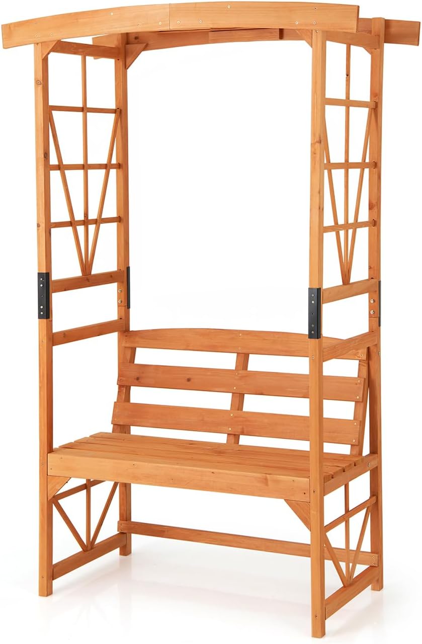 Panchina 2 Posti con Arco da Giardino per Rose e Rampicanti, Pengolato con Panchina in Legno di Abete, Graticcio per Piante da Esterno per Balcone, Cortile e Terrazzo (120 x 58 x 189 cm)