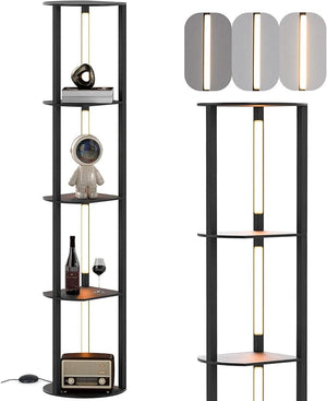 Lampada da Terra Moderna con Mensole, Lampada a Stelo in Legno con 4 Strisce LED Ruotabili, Luminosità Regolabile e Interruttore a Pedale, Scaffale a 4 Ripiani con Luce per Casa