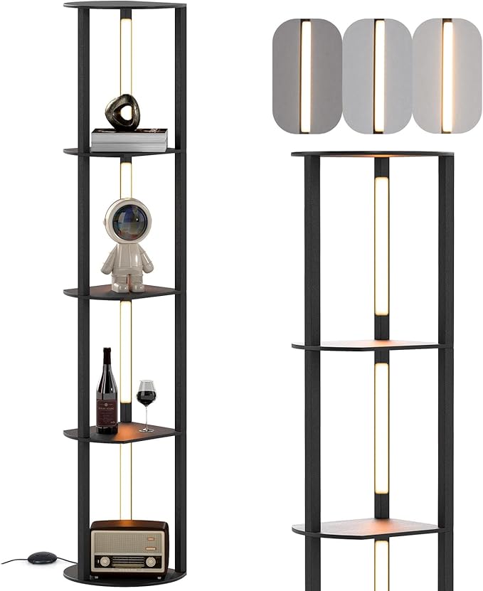 Lampada da Terra Moderna con Mensole, Lampada a Stelo in Legno con 4 Strisce LED Ruotabili, Luminosità Regolabile e Interruttore a Pedale, Scaffale a 4 Ripiani con Luce per Casa