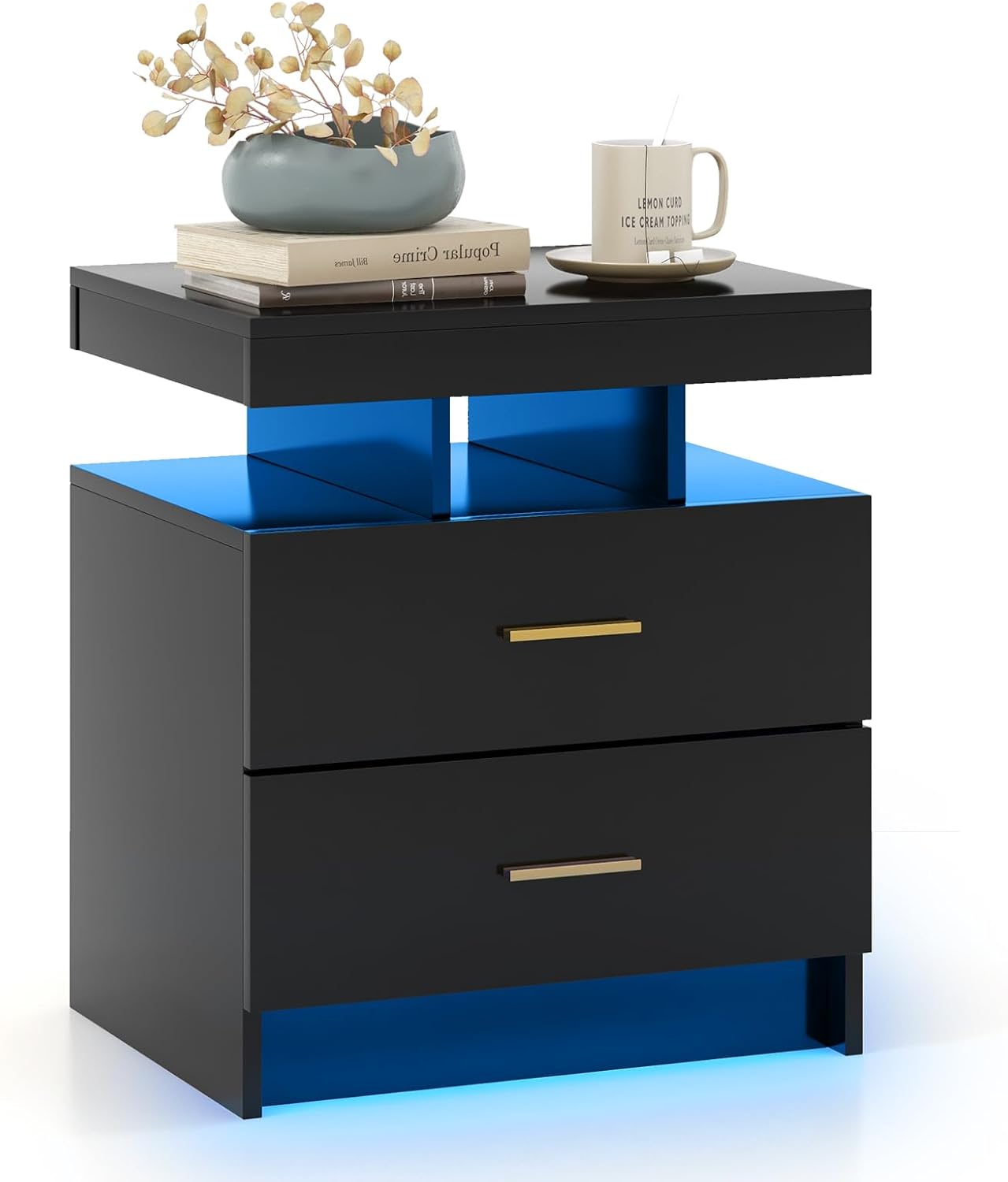 Comodino con Luci LED 50x40x58cm, Tavolino Camera da Letto Moderno con 2 Cassetti, Mobile Cameratta con Telecomando per Soggiorno e Ufficio (Nero)