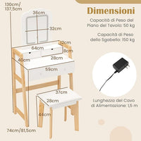 Set di Tavolo da Toeletta, Tavolo da Trucco con Sgabello e Specchio Regolabile in Altezza, 3 Cassetti, Bianco Moderno Minimalista