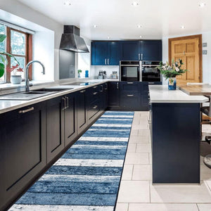 Tappeto Cucina 52x280 cm Bordato Tessitura Piatta Bagno Camera Corridoio Stile Legno Parquet Blu