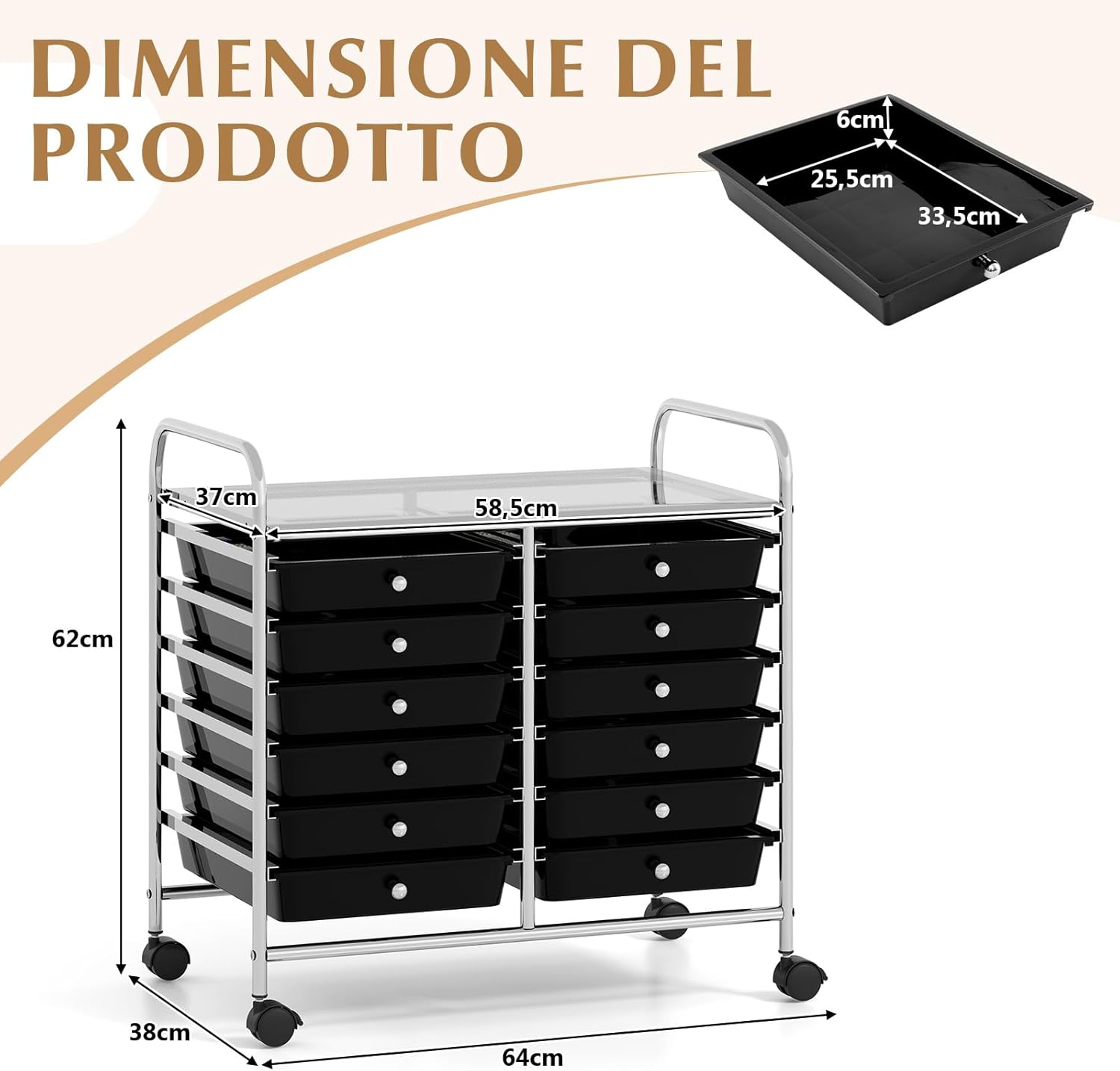 Carrello di Stoccaggio con 12 Cassetti, Carrello portaoggetti con 4 Ruote, Carrello Multiuso per Scuola Ufficio Cucina, 64 x 38 x 62 cm (12 cassetti Nero)